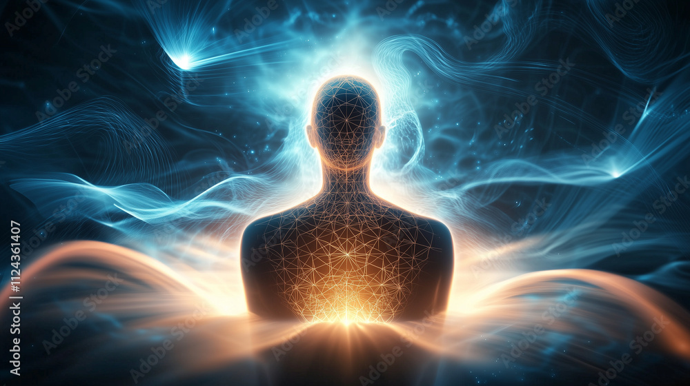 A glowing digital figure with geometric fractal designs embedded in its form stands in a luminous blue abstract space of dynamic energy streams and floating 3D shapes, symbolizing A glowing digital figure with geometric fractal designs embedded in its form stands in a luminous blue abstract space of dynamic energy streams and floating 3D shapes, symbolizing