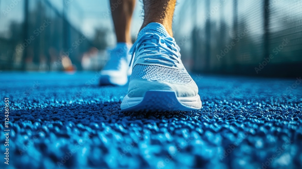 Athlete stands ready to play on a bright blue padel tennis court, showcasing focused determination while wearing sleek sneakers, poised for action. Athlete stands ready to play on a bright blue padel tennis court, showcasing focused determination while wearing sleek sneakers, poised for action.