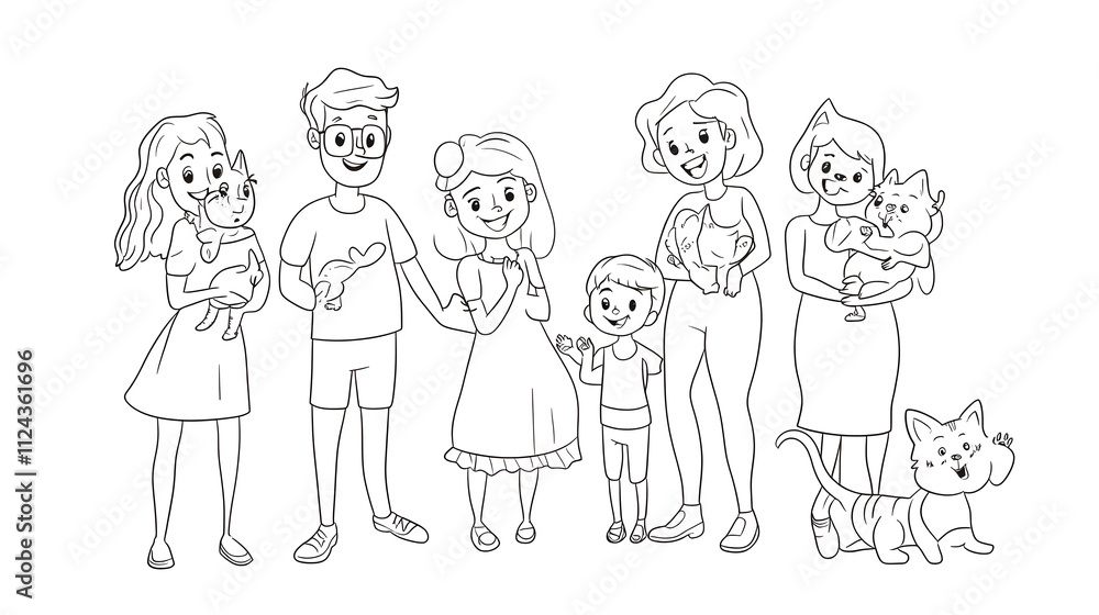 Line art of a cheerful family with children and pets, showcasing togetherness and a love for animals in a simple and artistic style Line art of a cheerful family with children and pets, showcasing togetherness and a love for animals in a simple and artistic style