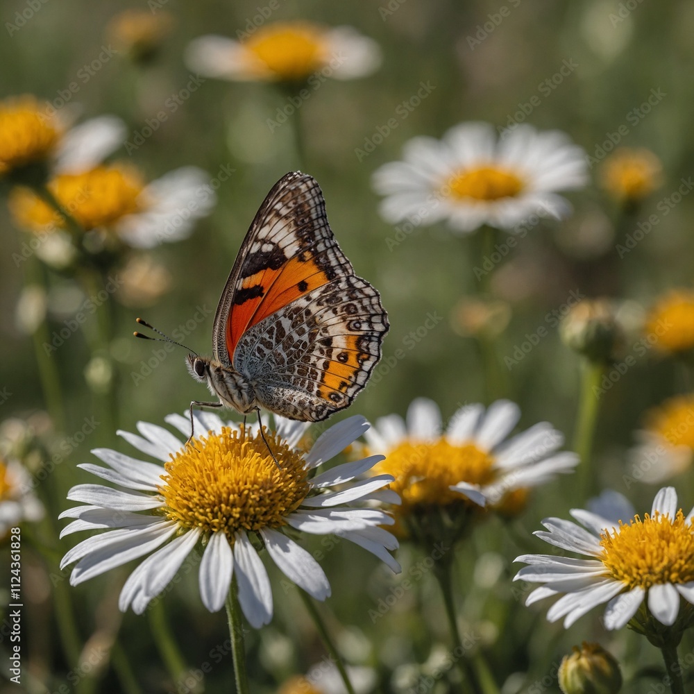 A dazzling butterfly resting on a bright flower in a sunlit meadow. A dazzling butterfly resting on a bright flower in a sunlit meadow.