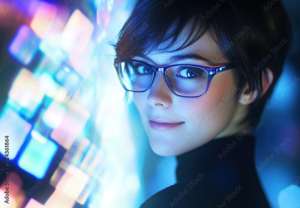 Enigmatic Young Woman with Short Hair and Glasses in a Futuristic Setting Surrounded by Soft Glowing Lights and Vibrant Colors Conveying Mystery and Depth Enigmatic Young Woman with Short Hair and Glasses in a Futuristic Setting Surrounded by Soft Glowing Lights and Vibrant Colors Conveying Mystery and Depth