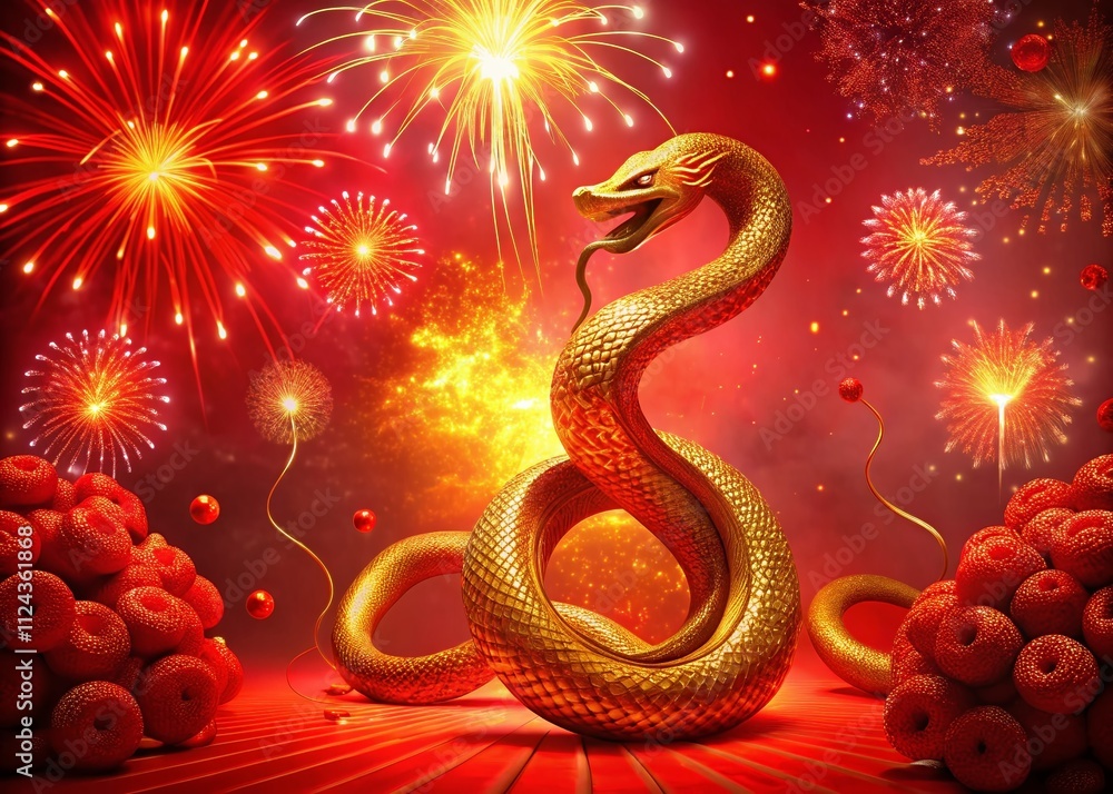 2025 Chinese New Year Snake - Red Fireworks Golden Snake Geometric Design 4K 2025 Chinese New Year Snake - Red Fireworks Golden Snake Geometric Design 4K