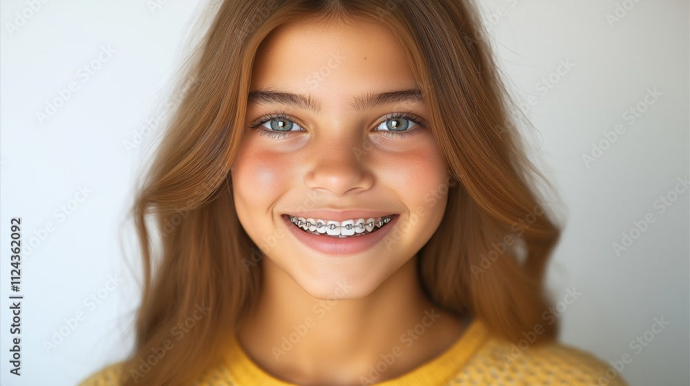 Smiling caucasian teen girl with braces and brown hair against a white background. The concept of dentistry, dental treatment. Orthodontics, prosthetics Smiling caucasian teen girl with braces and brown hair against a white background. The concept of dentistry, dental treatment. Orthodontics, prosthetics