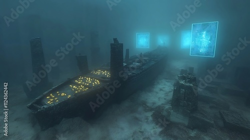 Underwater Treasure Recovery Site with Advanced Holograms for Sonar Mapping and Artifact Categorization photo