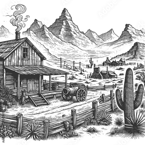 Wild West landscape desert homestead featuring wooden cabins, towering cacti, rugged mountains, and a rustic wagon sketch engraving generative ai vector illustration. Scratch board. Black and white.