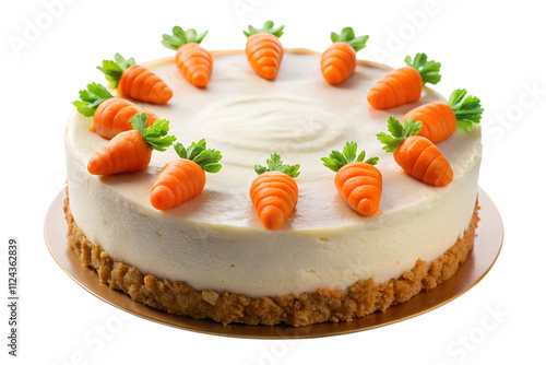 vegan carrot cake with a small carrot decoration on top cut out isolated on white background