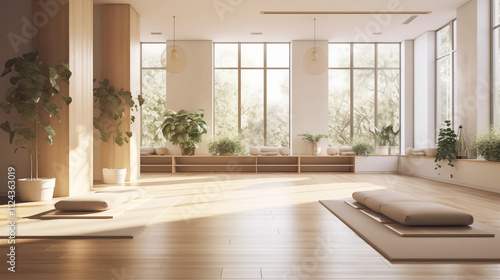 Sunlit Yoga Studio Interior Minimalist Design with Plants