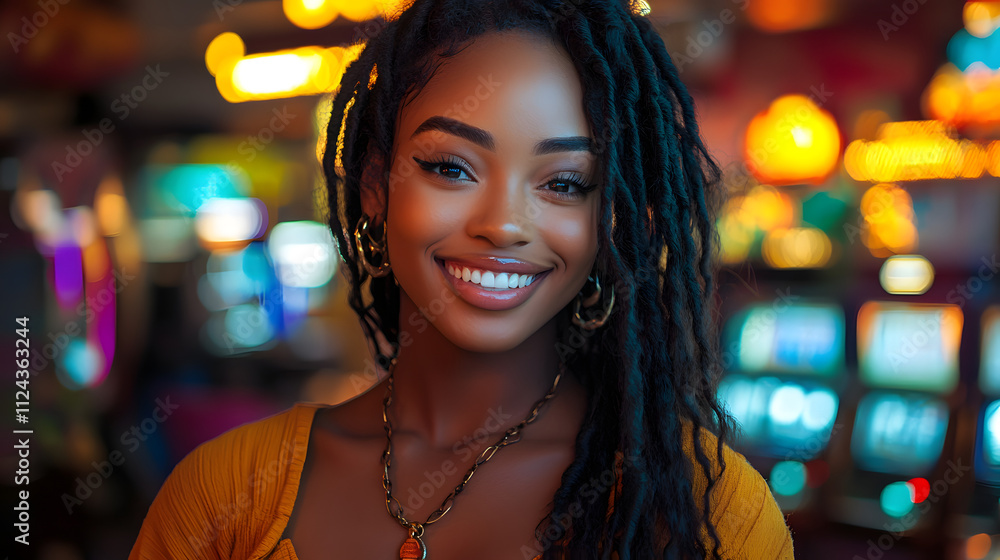 Confident young woman with long braided hair, wearing a stylish yellow outfit and accessories, glowing in a colorful, dynamic indoor ambiance Confident young woman with long braided hair, wearing a stylish yellow outfit and accessories, glowing in a colorful, dynamic indoor ambiance