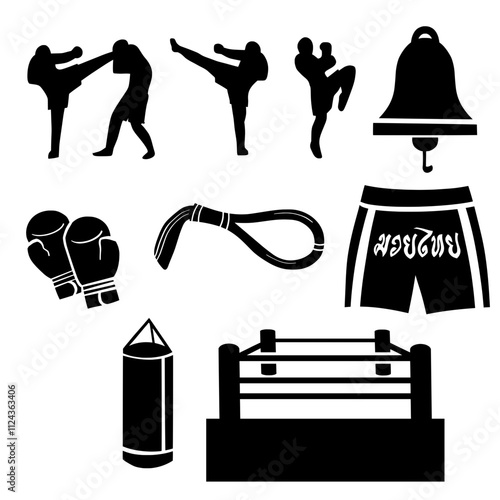 a collection of black and white icons representing various elements associated with Muay Thai, kickboxing vector silhouettes