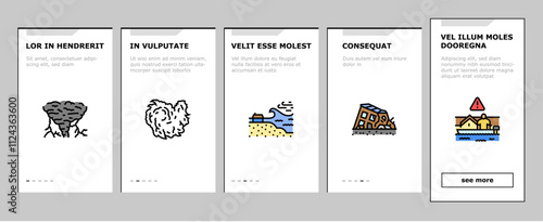 hurricane cyclone storm wind onboarding mobile vector typhoon rain, surge flood, eyewall vortex, pressure tropical, gust, landfall warning hurricane cyclone storm wind illustrations