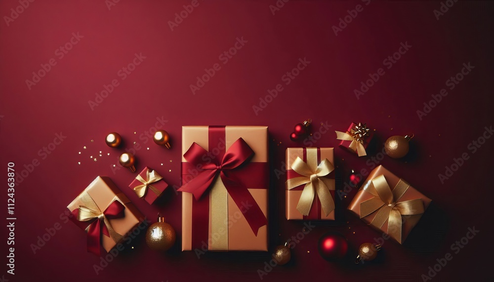 Festive Background with Red Presents - Wallpaper with space for copy - Giftboxes and Decoration - Christmas luxury themed - Confetti, Ribbons, Stars and Ornaments - Black Friday, Valentine, Sale
