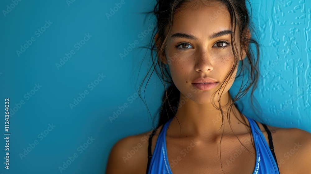Confident young woman with dark hair and tan skin against a blue wall. Confident young woman with dark hair and tan skin against a blue wall.