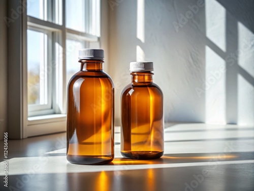 Amber Glass Bottles on White Surface - Studio Lighting
