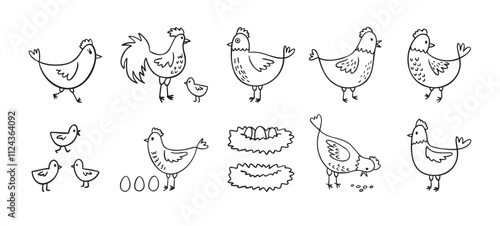 Hand drawn cute hen chickens set. Doodle farm chickens sketch style. Funny outline domestic birds, poultry concept.