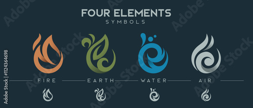 Four elements harmony astrology ecology fire water wind earth icons set vector logo