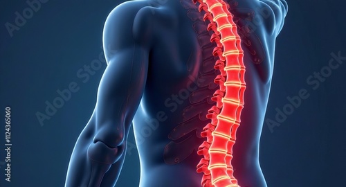 Human spine with highlighted vertebrae showcasing anatomy and skeletal structure in a medical illustration