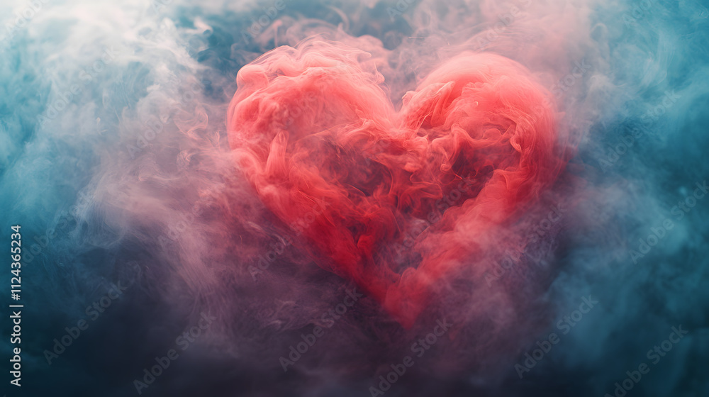 Delicate red smoke cloud forming a heart shape, enveloped in soft mist and glowing faintly against a moody backdrop. A serene and artistic representation of love Delicate red smoke cloud forming a heart shape, enveloped in soft mist and glowing faintly against a moody backdrop. A serene and artistic representation of love