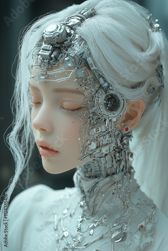 Cybernetic woman with intricate mechanical augmentations and white hair, eyes closed. photo