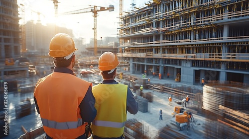 Construction Site Managers Overseeing Building Project Progress with Digital Dashboards and Augmented Reality