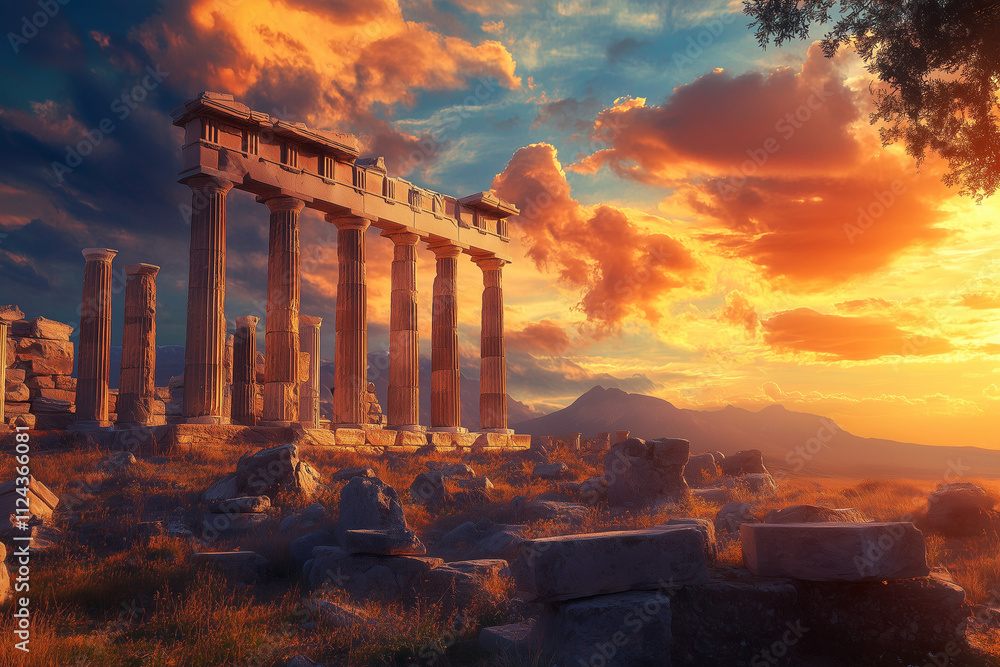 Fototapeta premium Ancient Ruins at Sunset: Dramatic Sky Over Historic Greek Temple