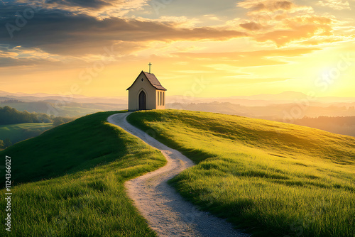 Scenic sunset over a small chapel on a hillside surrounded by lush greenery