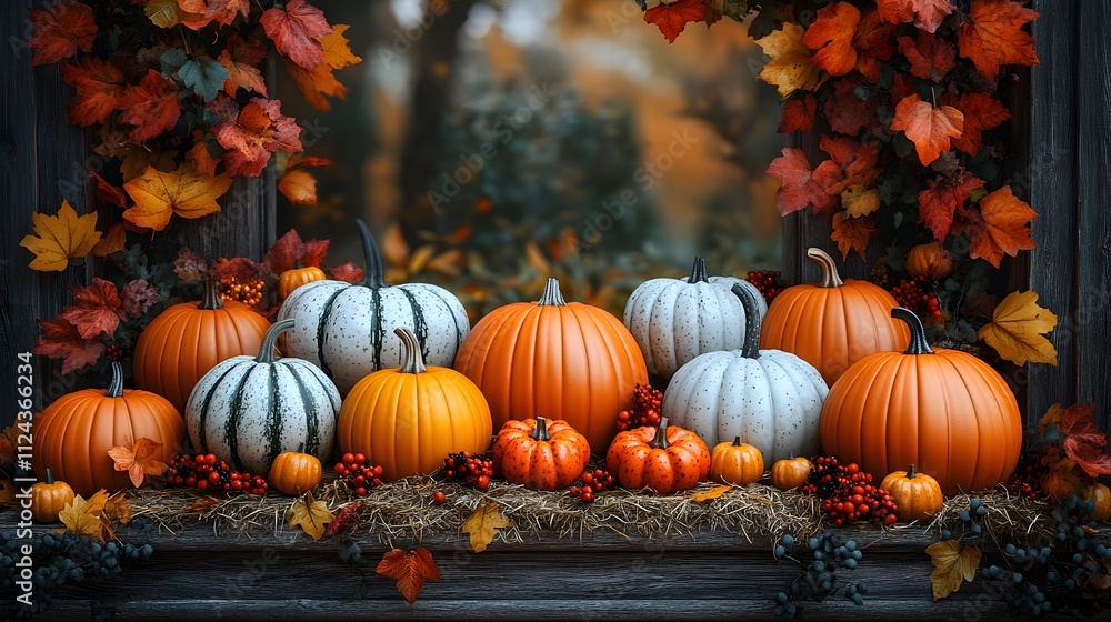 rustic autumn scene with a focus on pumpkins of various sizes and colors, including vibrant orange and white, arranged on a wooden surface with a straw base. Scatter colorful fall rustic autumn scene with a focus on pumpkins of various sizes and colors, including vibrant orange and white, arranged on a wooden surface with a straw base. Scatter colorful fall