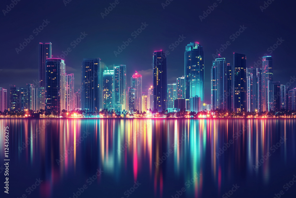 Fototapeta premium Neon Cityscape Reflection: Vibrant Night View with Skyscrapers and Water