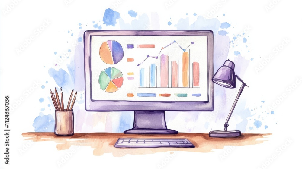 Watercolor infographic of business trends in home office digital art and creative workspaces Watercolor infographic of business trends in home office digital art and creative workspaces