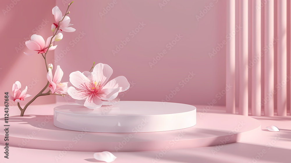 Pink Blossom Podium: A serene and elegant scene features a pristine white cylindrical podium adorned with delicate pink magnolia blossoms. Pink Blossom Podium: A serene and elegant scene features a pristine white cylindrical podium adorned with delicate pink magnolia blossoms.