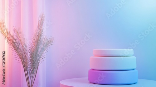 Modern minimalist composition featuring pastel-colored round shapes and palm fronds in soft pink and blue lighting.