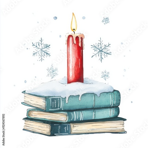 Winter watercolor scene candlelit books stacked in snow cozy home environment warm atmosphere seasonal concept photo