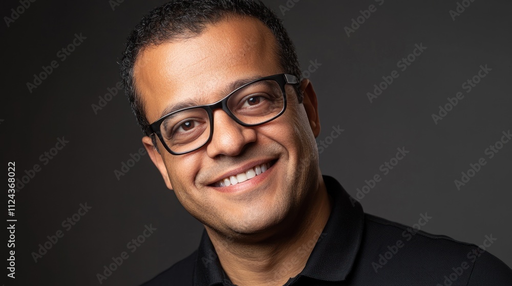 Smiling man with glasses in a black polo shirt Smiling man with glasses in a black polo shirt