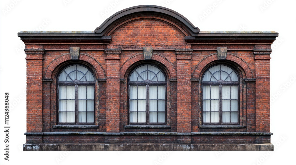 Historic brick building facade with three arched windows showcasing elegant architecture and detailed craftsmanship in a vivid urban setting Historic brick building facade with three arched windows showcasing elegant architecture and detailed craftsmanship in a vivid urban setting