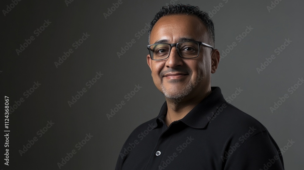 Fototapeta premium Smiling man with glasses wearing black polo shirt