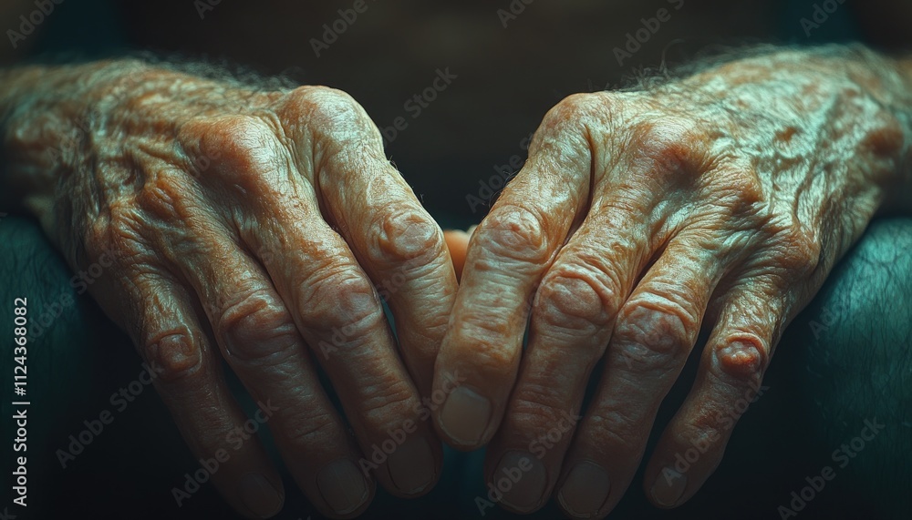 Aged Hands Resting, Close-up, Dark Background, Wrinkled Skin Aged Hands Resting, Close-up, Dark Background, Wrinkled Skin