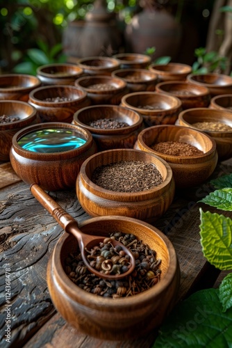 Wallpaper Mural Magnifying glass resting on table surrounded by a collection of wooden figurines Torontodigital.ca