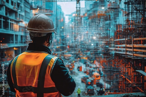 Professional Construction Manager Overseeing Digital Schematics at Urban Worksite with Advanced ARVR Technology photo