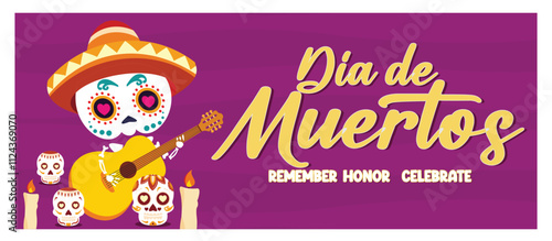 Day of the dead or dia de muertos Celebration Featuring Festive Skulls and Guitar.