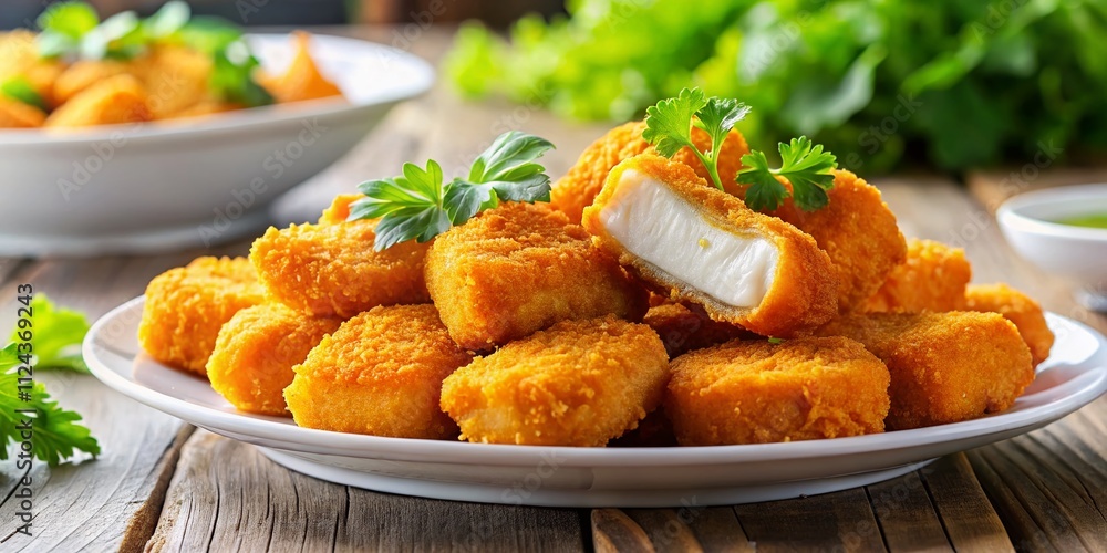 Crispy Fish Nuggets - Healthy Fast Food, Delicious White Plate Crispy Fish Nuggets - Healthy Fast Food, Delicious White Plate