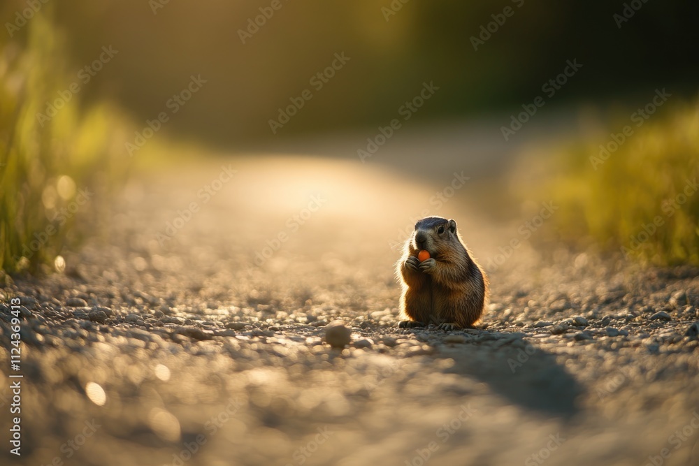 Obraz premium Cute Groundhog Enjoying Carrot on Sunlit Path - Nature Photography