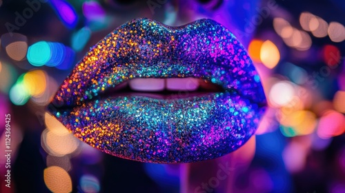 Sparkling lips with dazzling glitter reflecting the vibrant hues of neon lights at a lively nighttime celebration