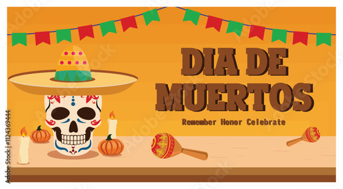 Dia de Muertos Celebration. Day of the dead with Skull and Decorations.