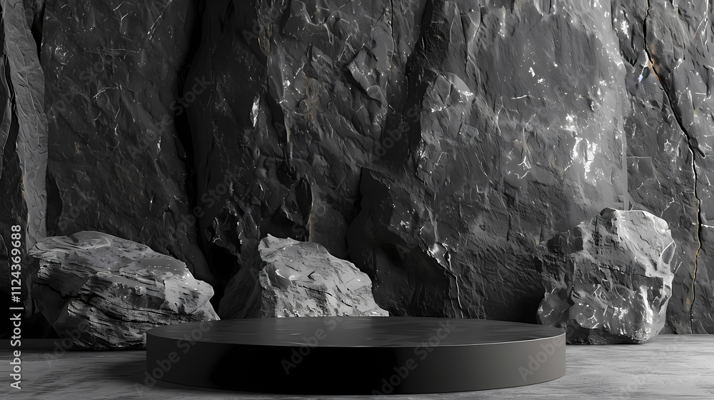 Black Stone Podium: A sleek, circular black podium sits elegantly before a dramatic backdrop of rough, grey stones, creating a striking contrast of textures and colors. Black Stone Podium: A sleek, circular black podium sits elegantly before a dramatic backdrop of rough, grey stones, creating a striking contrast of textures and colors.