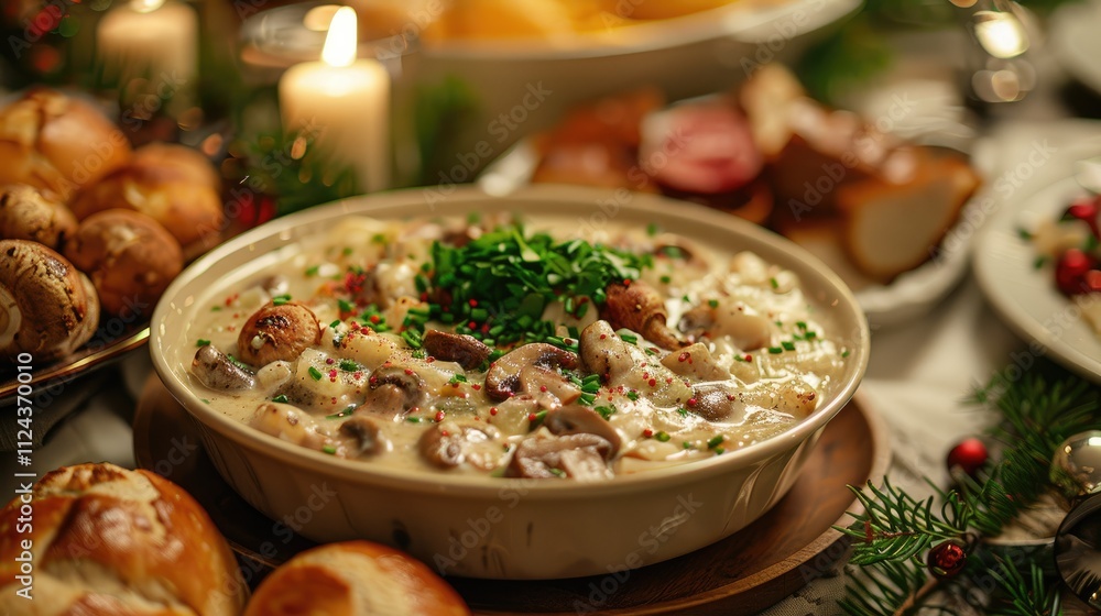 Creamy mushroom and potato dish on festive table. Creamy mushroom and potato dish on festive table.