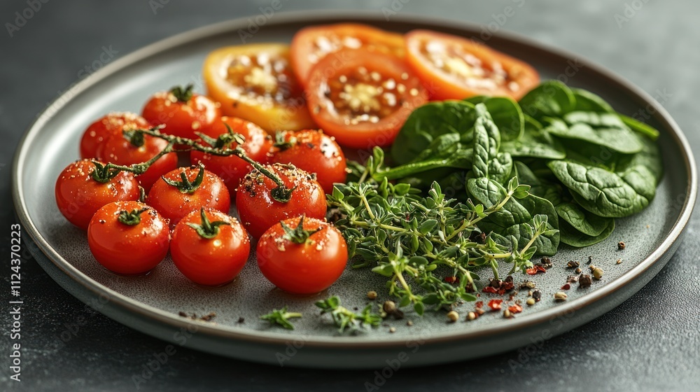 Fresh tomatoes, spinach, and herbs arranged on a plate. Fresh tomatoes, spinach, and herbs arranged on a plate.