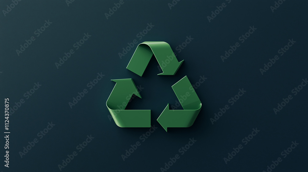 A sleek, vibrant green recycling icon glowing subtly, centered on a flat dark blue backdrop, evoking modern sustainability with a minimalist aesthetic. A sleek, vibrant green recycling icon glowing subtly, centered on a flat dark blue backdrop, evoking modern sustainability with a minimalist aesthetic.