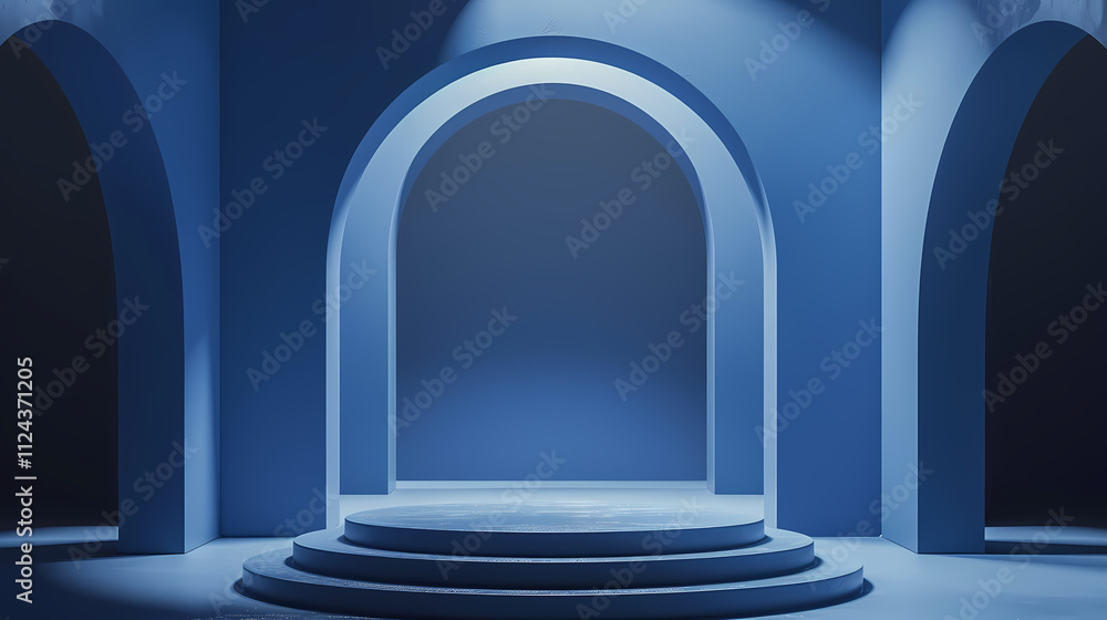 Minimalist Blue Podium: A simple yet elegant blue podium stands in a room with archways, bathed in soft blue lighting, offering a minimalist backdrop for product presentations or branding showcases. Minimalist Blue Podium: A simple yet elegant blue podium stands in a room with archways, bathed in soft blue lighting, offering a minimalist backdrop for product presentations or branding showcases.