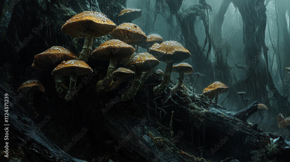 A close-up of mushrooms growing from a rotting log in a damp forest, with dark, rich colors and a moody atmosphere. A close-up of mushrooms growing from a rotting log in a damp forest, with dark, rich colors and a moody atmosphere.