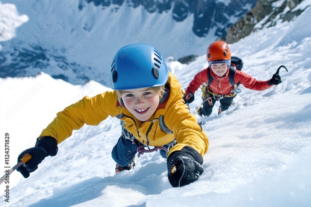 Two climbers ascending snowy mountain with ice axes. Two climbers ascending snowy mountain with ice axes.