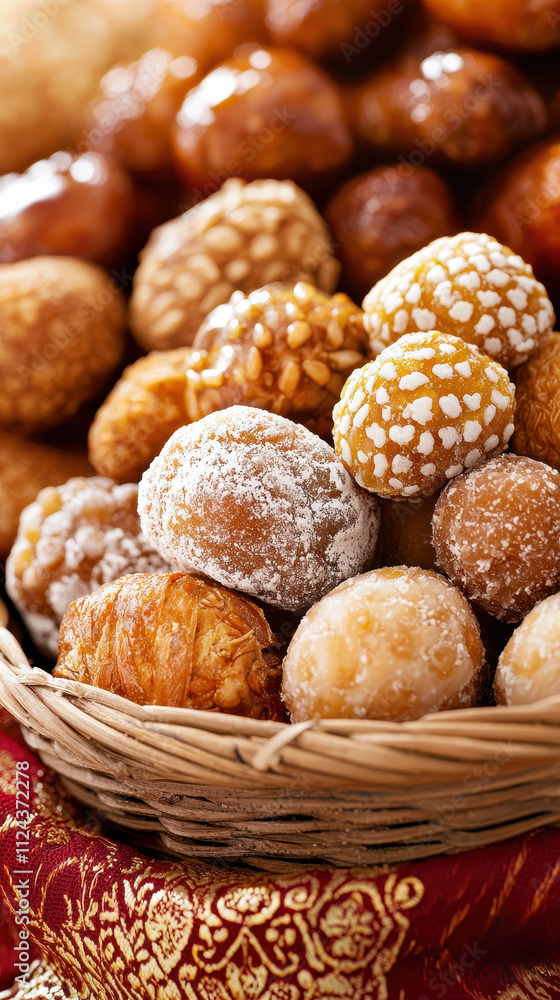 Lunar New Year theme Delicious assorted sweets in a woven basket, showcasing a variety of textures and colors. Lunar New Year theme Delicious assorted sweets in a woven basket, showcasing a variety of textures and colors.